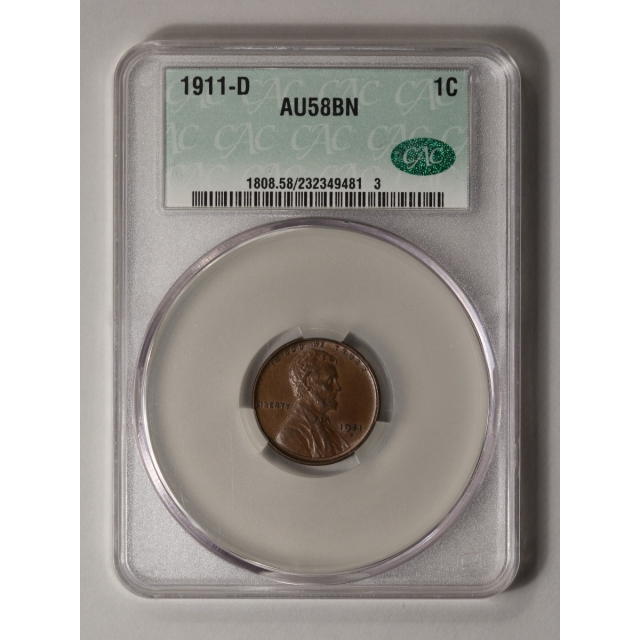 1911-D 1C Lincoln Cent - Type 1 Wheat Reverse CACG MS64RB (CAC)