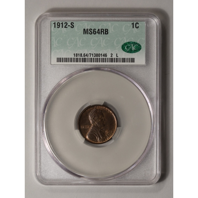 1912-S 1C Lincoln Cent - Type 1 Wheat Reverse CACG MS64RB (CAC)