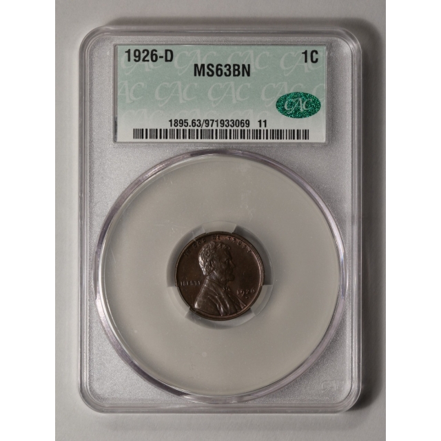 1926-D 1C Lincoln Cent - Type 1 Wheat Reverse CACG MS63BN (CAC)