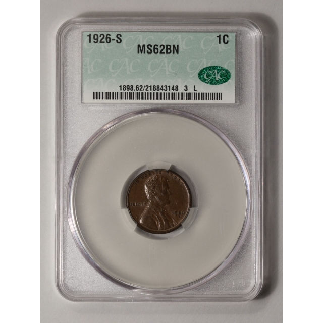 1926-S 1C Lincoln Cent - Type 1 Wheat Reverse CACG MS62BN (CAC)