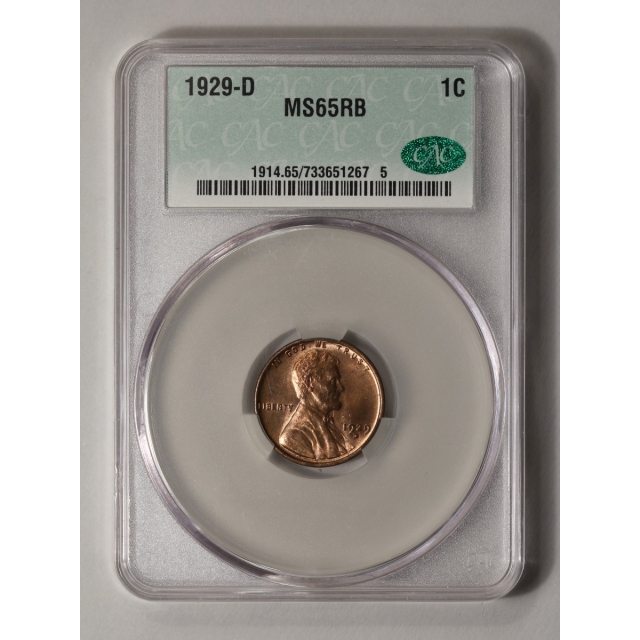 1929-D 1C Lincoln Cent - Type 1 Wheat Reverse CACG MS65RB (CAC)