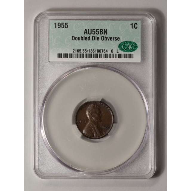 1955 1C Doubled Die Obverse Lincoln Cent - Type 1 Wheat Reverse CACG AU55BN (CAC)