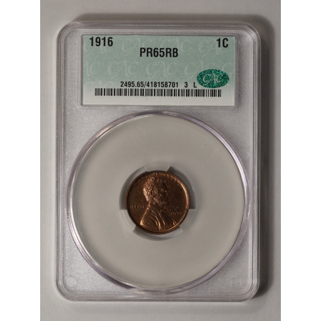 1916 1C Lincoln Cent - Type 1 Wheat Reverse CACG PR65RB (CAC)