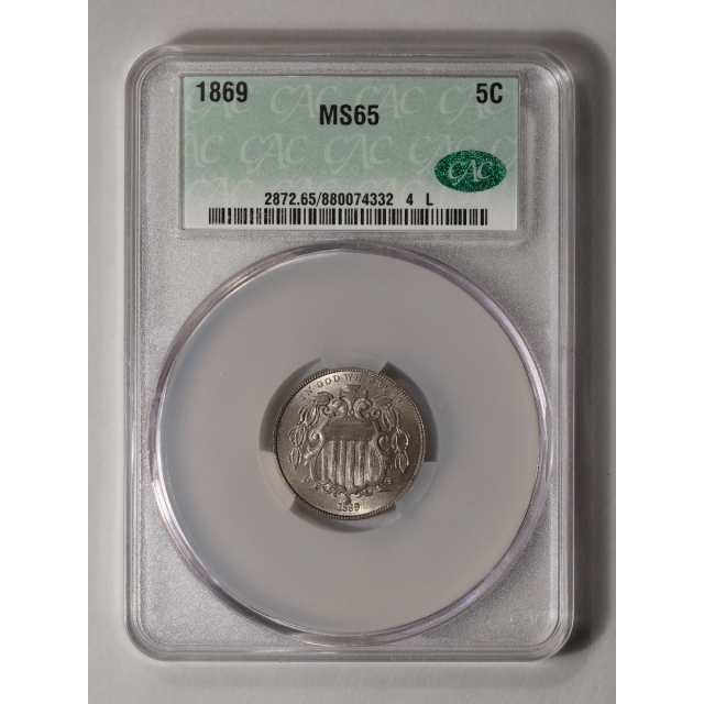 1869 5C Shield Nickel CACG MS65 (CAC)