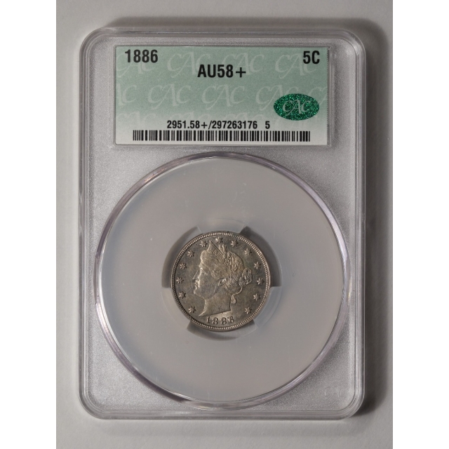 1886 5C Liberty Nickel CACG AU58+ (CAC)