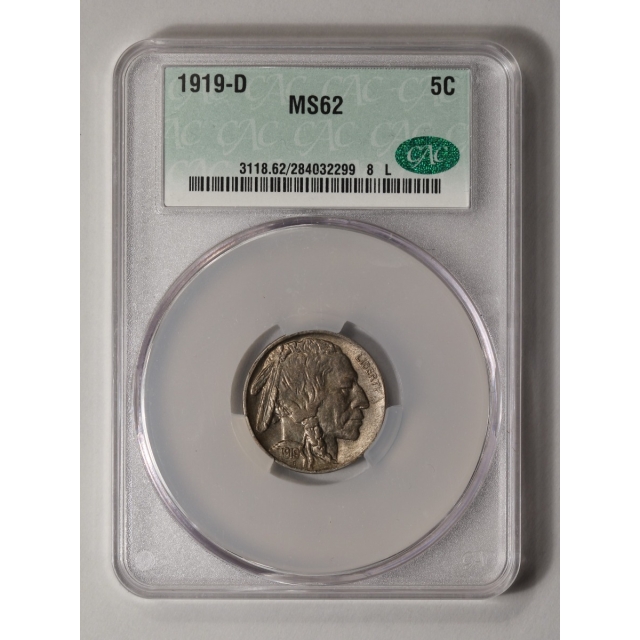 1919-D 5C Buffalo Nickel CACG MS62 (CAC)