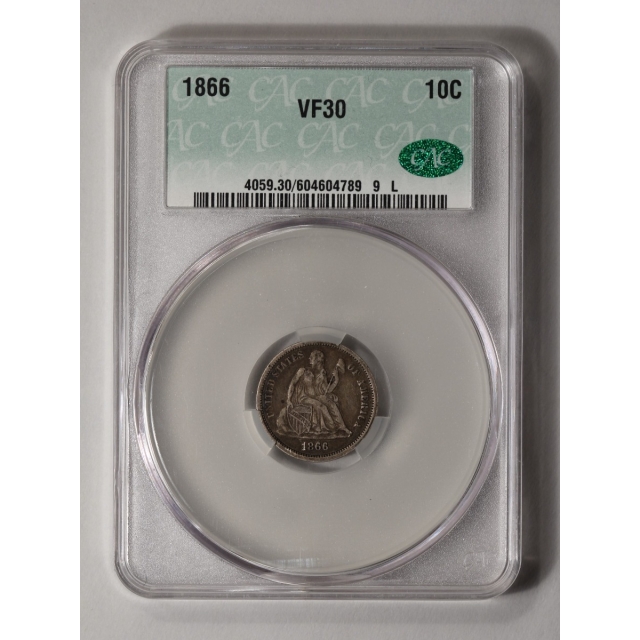 1866 10C Liberty Seated Dime CACG VF30 (CAC)