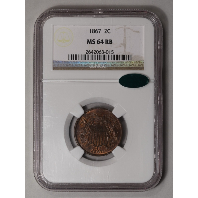 1867 Two Cent Piece 2C NGC MS64RB (CAC)