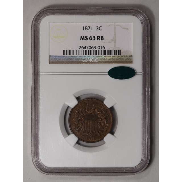 1871 Two Cent Piece 2C NGC MS63RB (CAC)