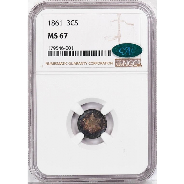 1861 Three Cent Piece - Silver Type 3 3CS NGC MS67 (CAC)