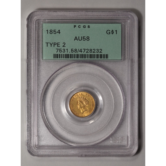 1854 G$1 Type 2 Gold Dollar PCGS AU58