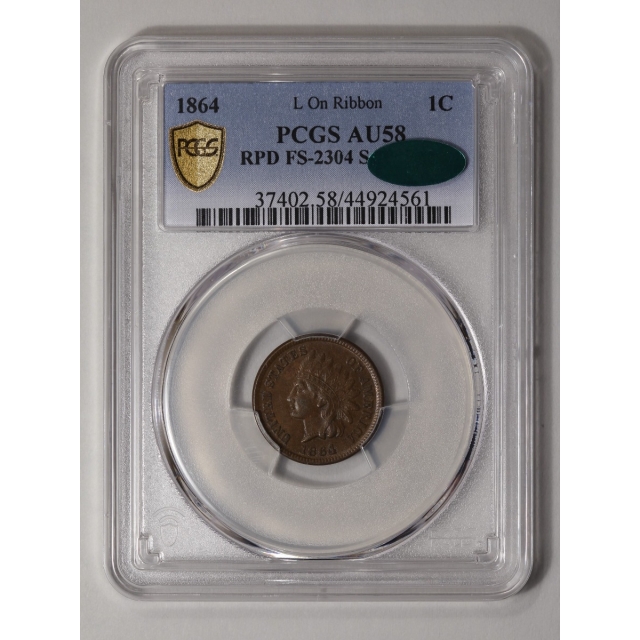1864-L 1C L On Ribbon RPD FS-2304 S-5 Indian Cent - Type 3 Bronze PCGS AU58BN (CAC)