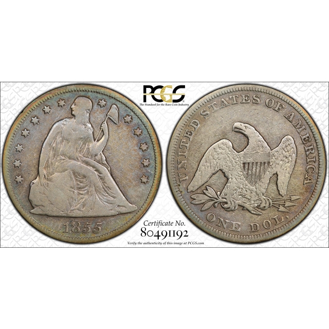 1855 $1 Liberty Seated Dollar PCGS F12