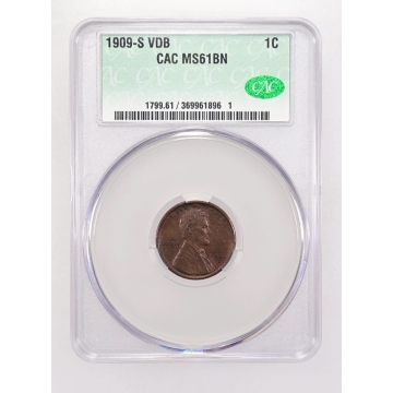 1909-S VDB 1C Lincoln Cent - Type 1 Wheat Reverse CACG MS61BN (CAC)