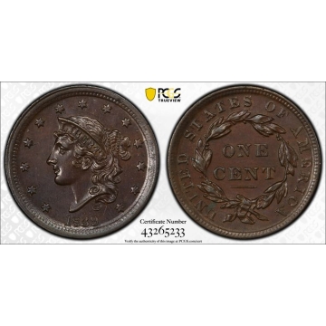 1839 1C Silly Head Coronet Head Cent PCGS AU58BN