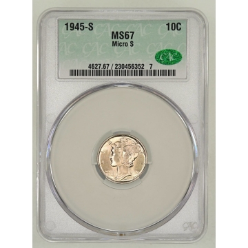 1945-S 10C Micro S Mercury Dime CACG MS67 (CAC)