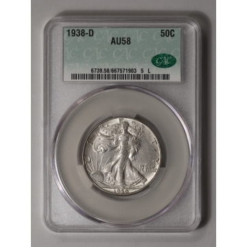 1938-D 50C Walking Liberty Half Dollar CACG AU58 (CAC)