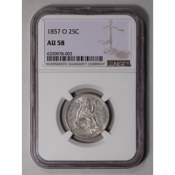 1857-O No Motto Seated Liberty Quarter 25C NGC AU58