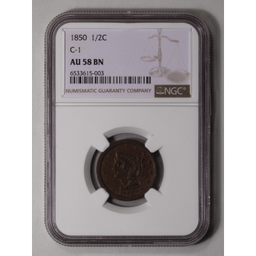 1850 Coronet, Braided Hair Half Cent C-1 1/2C NGC AU58BN