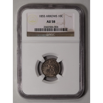 1855 ARROWS Seated Liberty Dime 10C NGC AU58