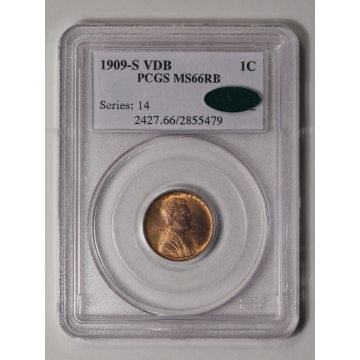 1909-S VDB 1C Lincoln Cent - Type 1 Wheat Reverse PCGS MS66RB (CAC)