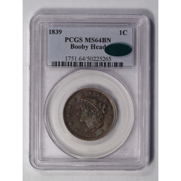 1839 1C Booby Head Coronet Head Cent PCGS MS64BN (CAC)