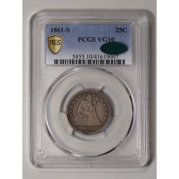 1861-S 25C Liberty Seated Quarter PCGS VG10 (CAC)