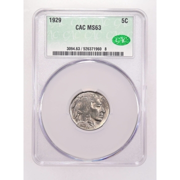 1929 5C Buffalo Nickel CACG MS63 (CAC)