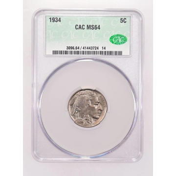 1934 5C Buffalo Nickel CACG MS64 (CAC)