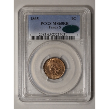 1865 1C Fancy 5 Indian Cent - Type 3 Bronze PCGS MS65RB (CAC)