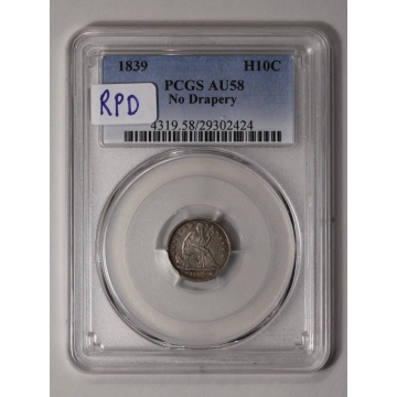 1839 H10C No Drapery Liberty Seated Half Dime PCGS AU58