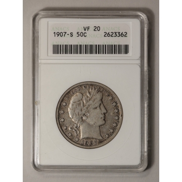 1907-S 50C Barber Half Dollar ANACS VF20