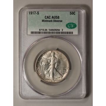 1917-S 50C Obverse Walking Liberty Half Dollar CACG AU58 (CAC)