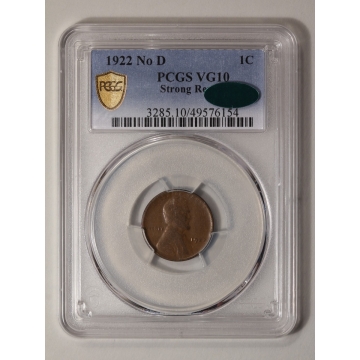 1922 No D 1C Strong Reverse Lincoln Cent - Type 1 Wheat Reverse PCGS VG10BN (CAC)