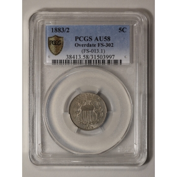 1883/2 5C Shield Overdate FS-302 Shield Nickel PCGS AU58