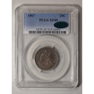 1867 25C Liberty Seated Quarter PCGS XF45 (CAC)