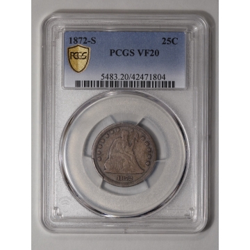 1872-S 25C Liberty Seated Quarter PCGS VF20