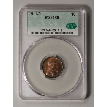 1911-D 1C Lincoln Cent - Type 1 Wheat Reverse CACG MS64RB (CAC)