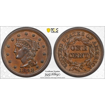 1848 1C Newcomb 9 Braided Hair Cent PCGS AU58BN (CAC)