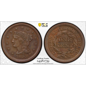 1853 1C Newcomb 3 Braided Hair Cent PCGS AU58BN (CAC)