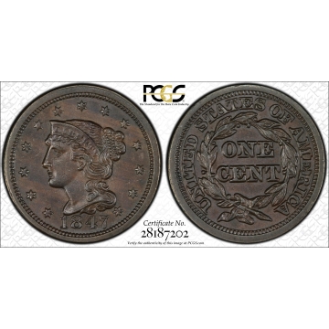 1847 1C Newcomb 12 Braided Hair Cent PCGS AU58BN (CAC)