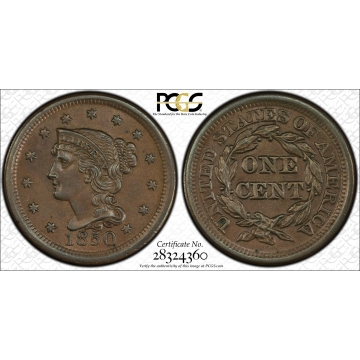 1850 1C Newcomb 14 Braided Hair Cent PCGS AU58BN (CAC)